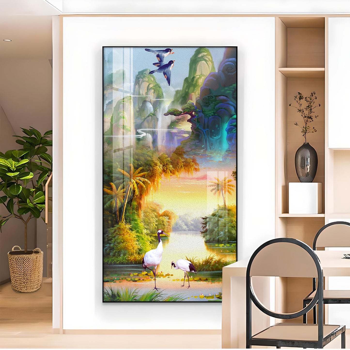 Birds in a Cascading Dream Glass Finish Vertical Wall Art