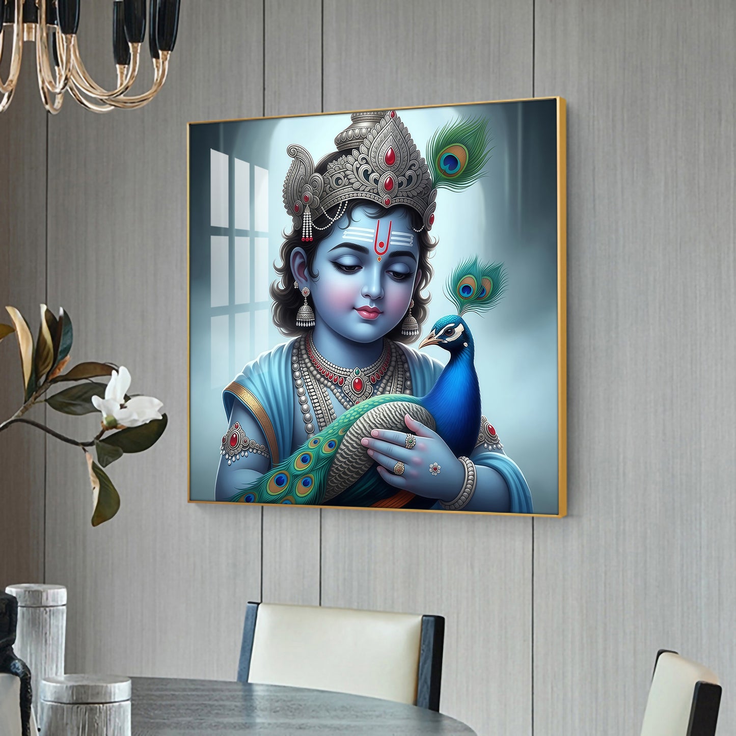 Baby Krishna With Peacock Glass Finish Square Wall Art