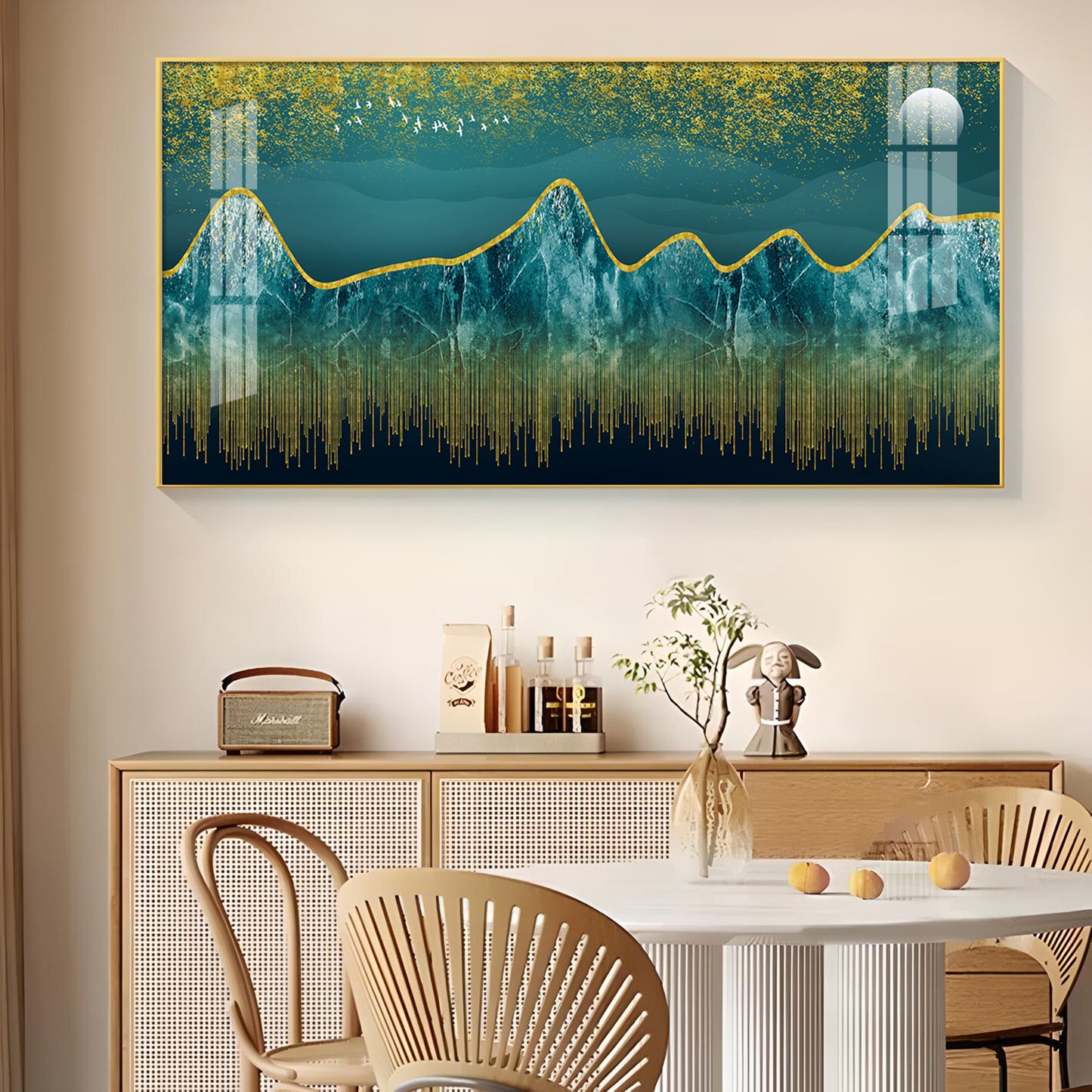 Dark Turquoise Mountains Glass Finish Horizontal Wall Art