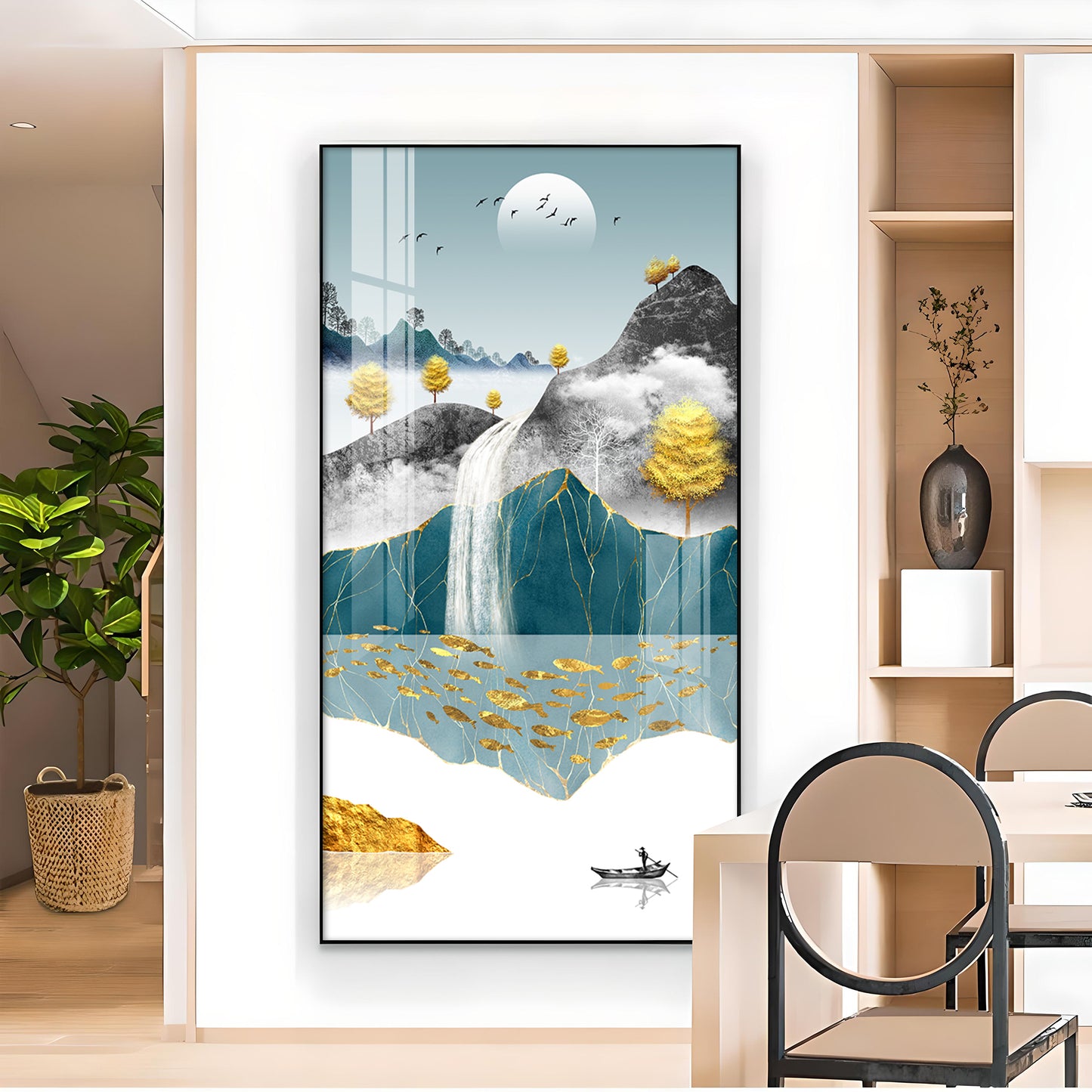 Painting of a Waterfall and Boat Glass Finish Vertical Wall Art