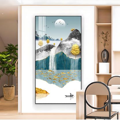 Painting of a Waterfall and Boat Glass Finish Vertical Wall Art