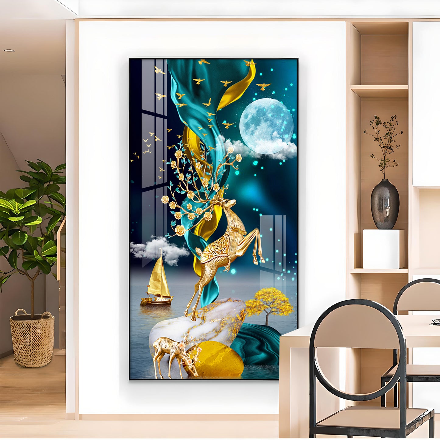 Moonnlit Dancing Deer Glass Finish Vertical Wall Art