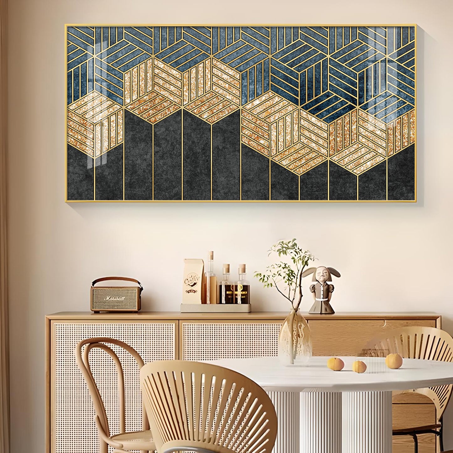 Hampton Abstract Black & Gold Glass Finish Horizontal Wall Art