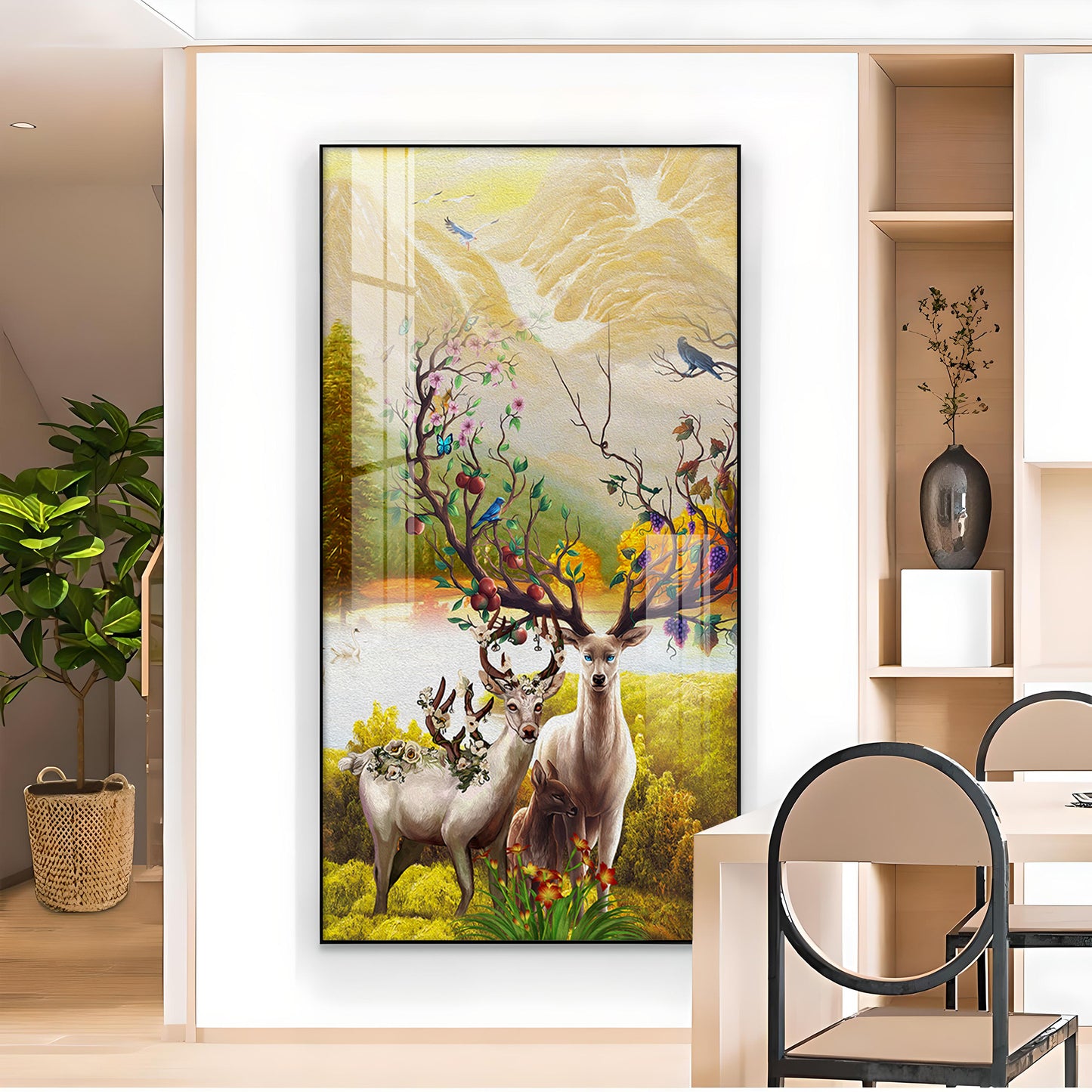 Portrait of Deer and Blossoms Glass Finish Vertical Wall Art