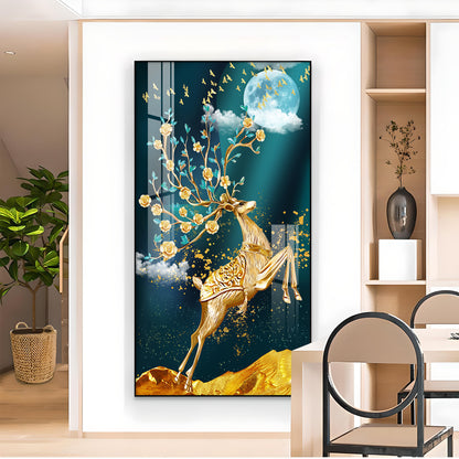 Golden Antlers and Blossoms Glass Finish Vertical Wall Art