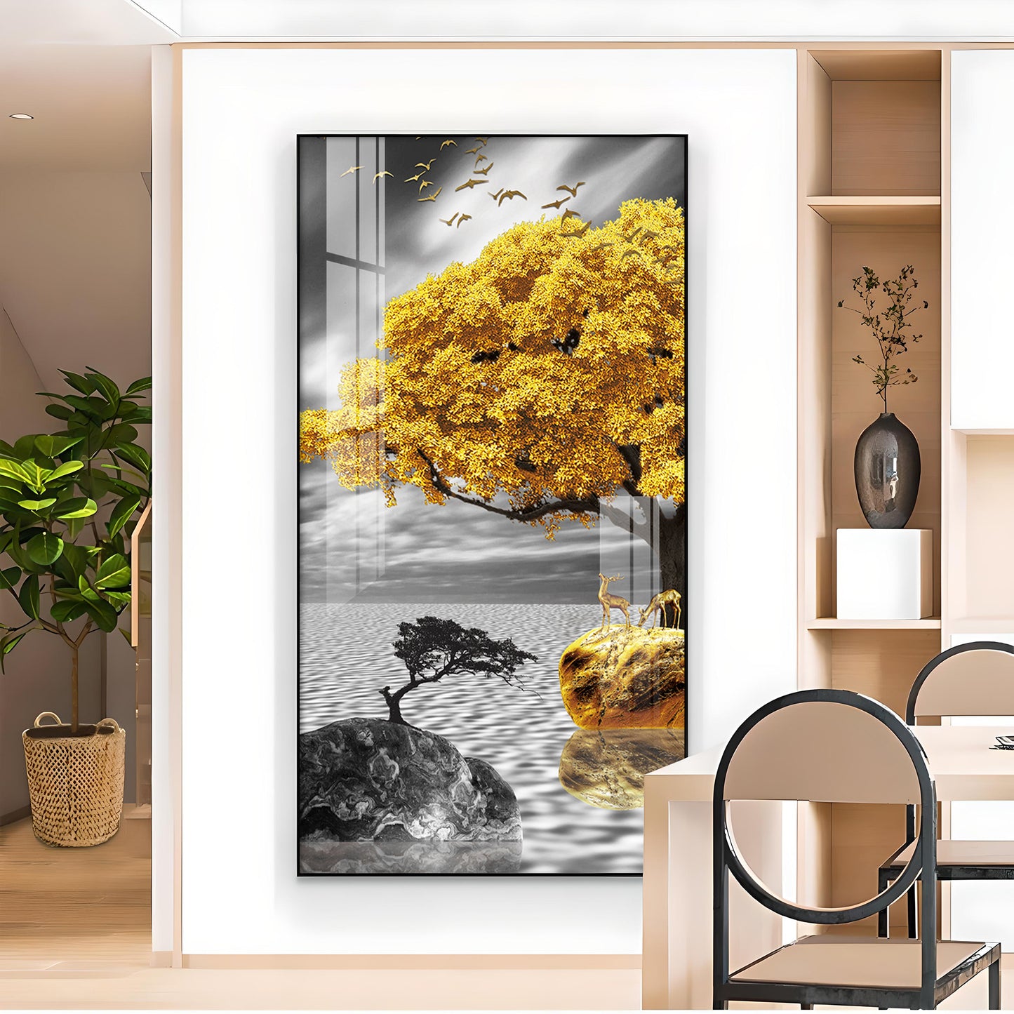 Golden Tree Oasis Glass Finish Vertical Wall Art