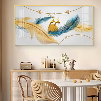 Golden Blue Feathers Glass Finish Horizontal Wall Art