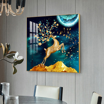 Golden Antlered Beauty Glass Finish Square Wall Art