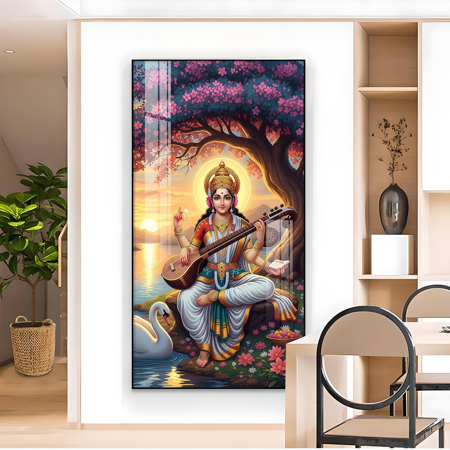 Goddess Saraswati Glass Finish Vertical Wall Art