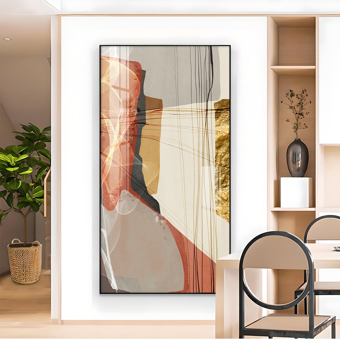 Gold-Red Abstraction Glass Finish Vertical Wall Art