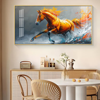 One Running Horse Glass Finish Horizontal Wall Art