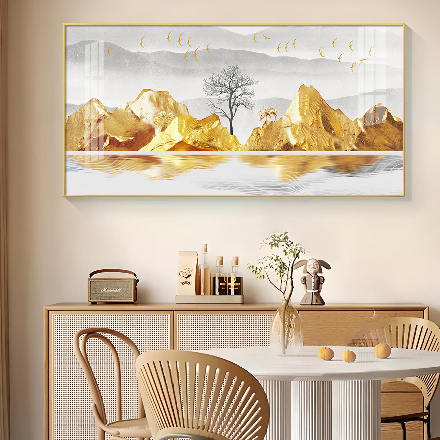 Golden Mountains And Birds Glass Finish Horizontal Wall Art