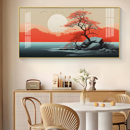 Sunrise In Red Mountain Glass Finish Horizontal Wall Art