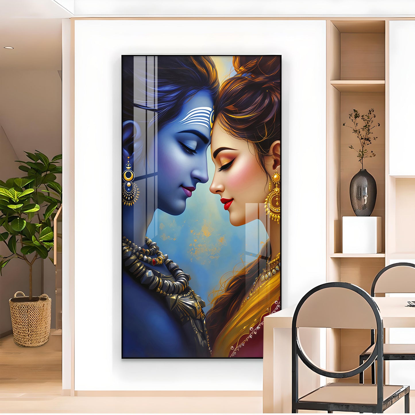 Lord Shiva and Goddess Parvati Glass Finish Vertical Wall Art
