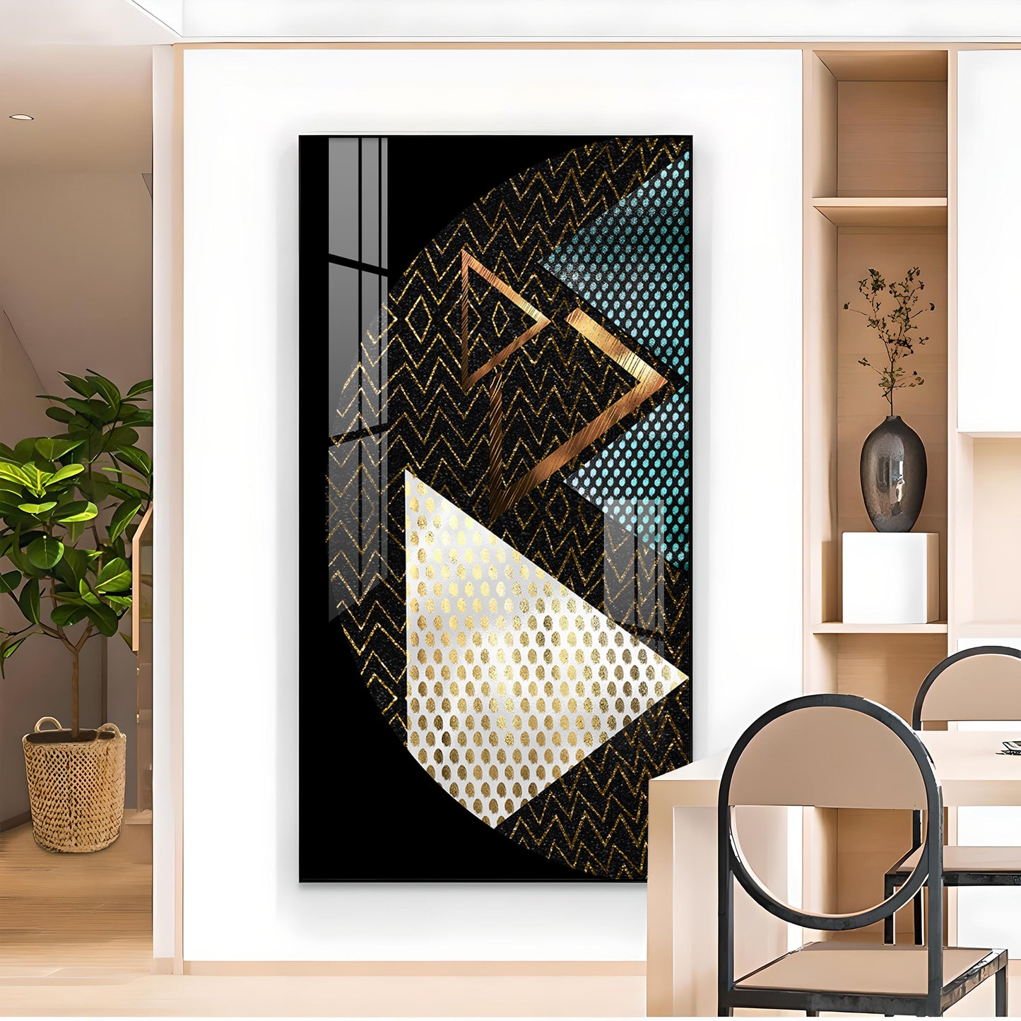 Triangular Opulence Glass Finish Vertical Wall Art