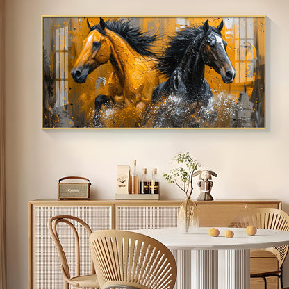 Two Horses Glass Finish Horizontal Wall Art