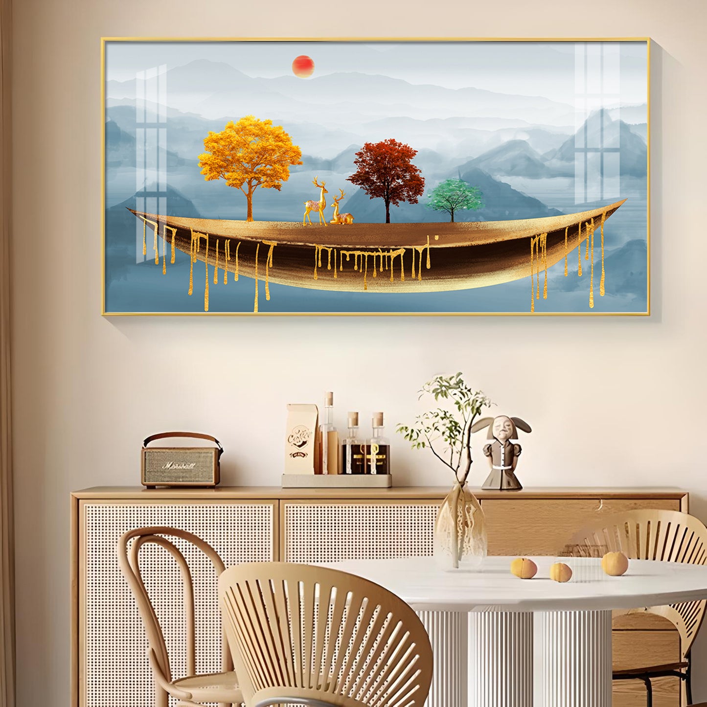 Golden Abstract Landscape Art Colored Line Tree Glass Finish Horizontal Wall Art