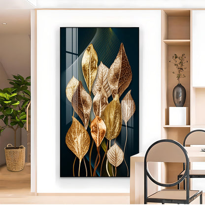 Golden Leafy Luxe Glass Finish Vertical Wall Art