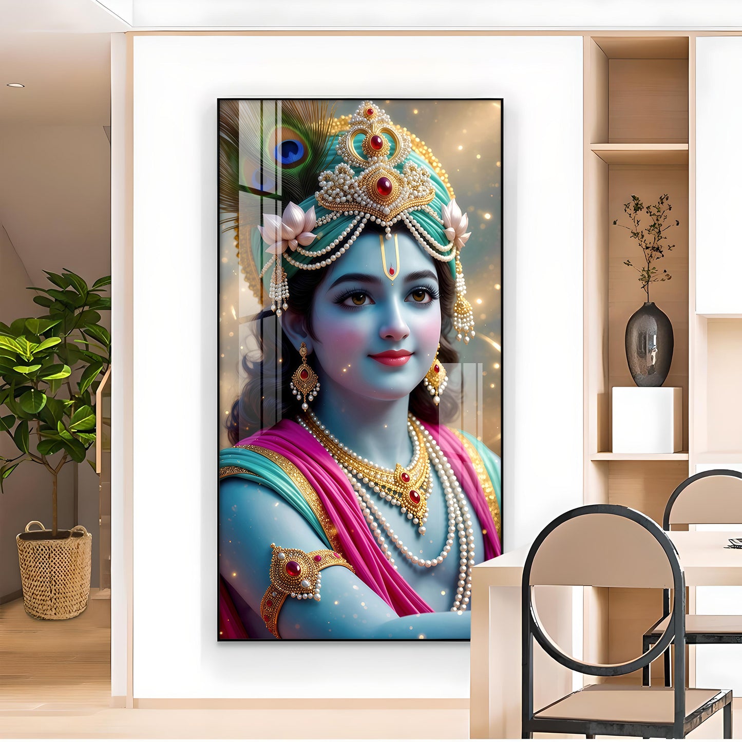Lord Jai Shri Krishna Glass Finish Vertical Wall Art