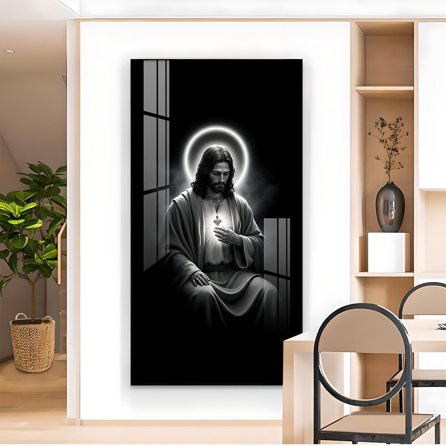 Jesus Black and White Glass Finish vertical Wall Art