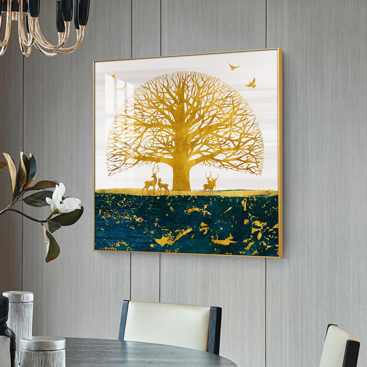 Portrait of Deer and Tree Glass Finish Square Wall Art