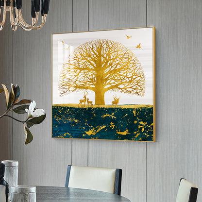 Portrait of Deer and Tree Glass Finish Square Wall Art