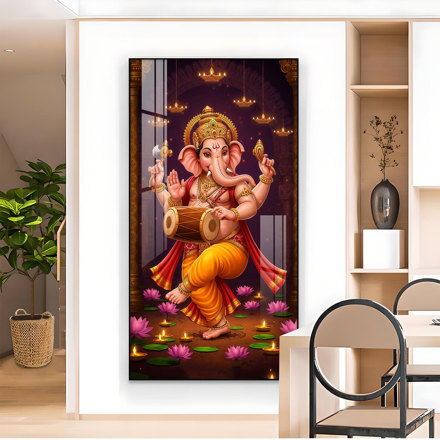 Hindu God Ganesh Glass Finish Vertical Wall Art