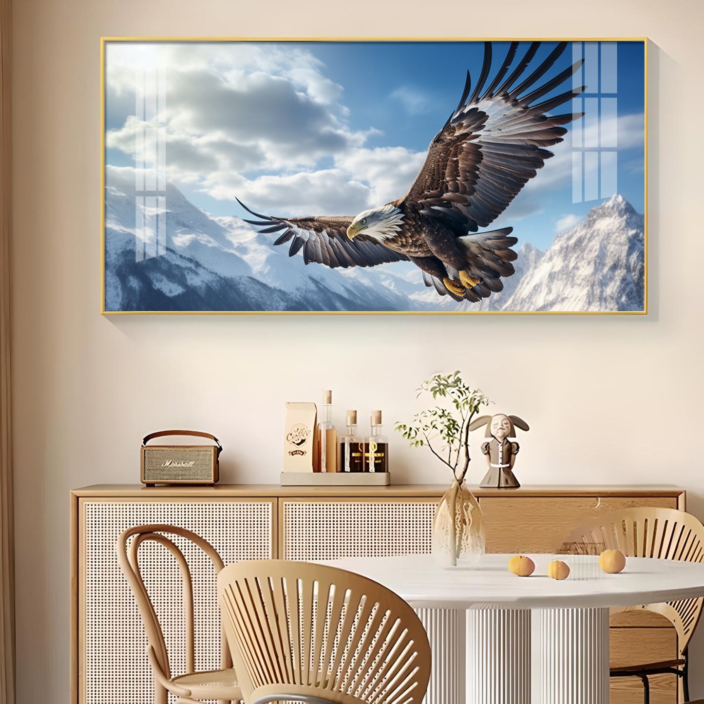 Eagle Flying Over Mountains Glass Finish Horizontal Wall Art