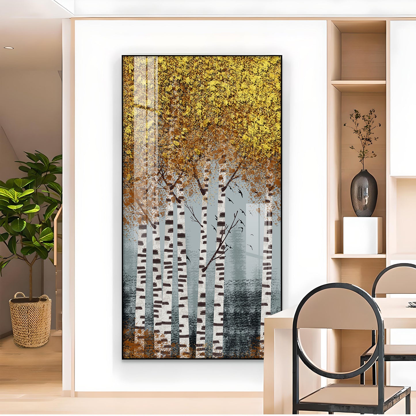 Autumnal Birch Reverie Glass Finish Vertical Wall Art