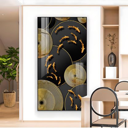 Goldfish Elegance Glass Finish Vertical Wall Art