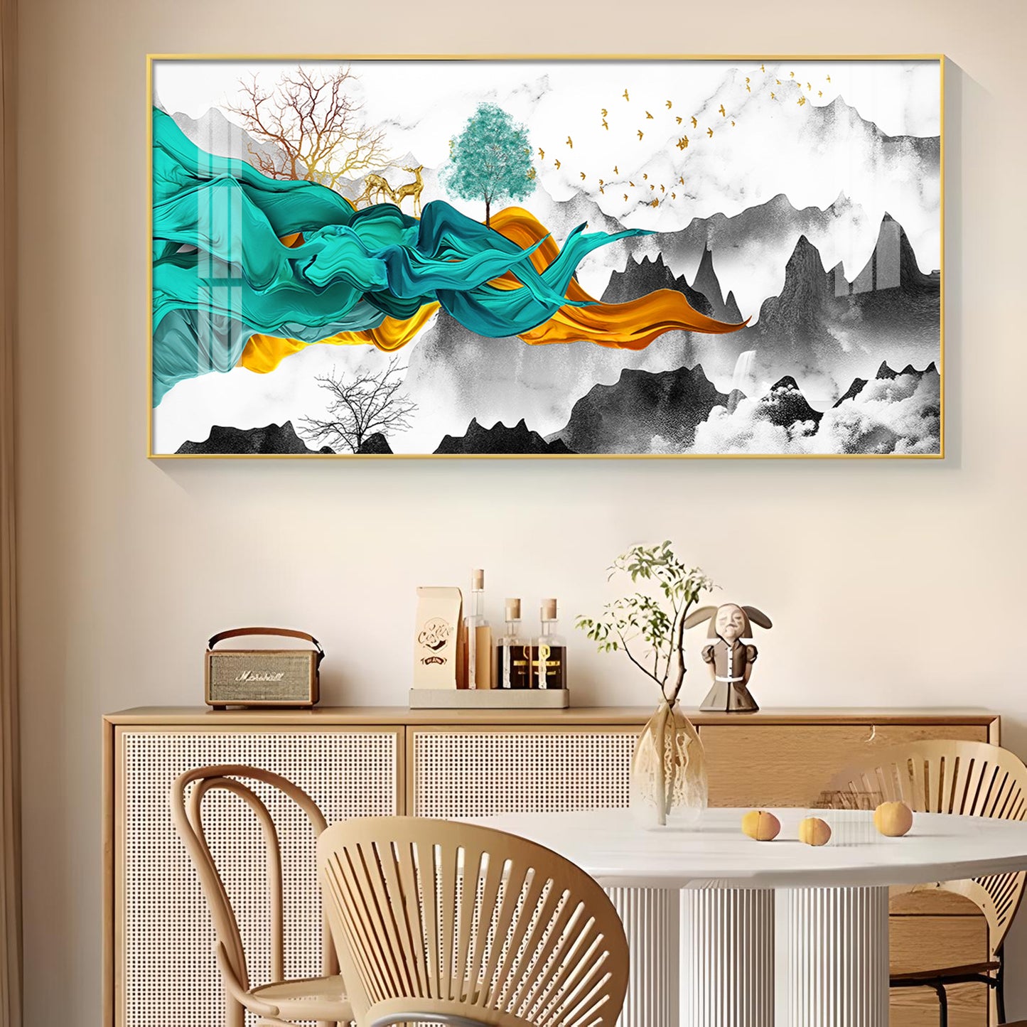 Geometric Abstract Art With Golden Texture Glass Finish Horizontal Wall Art