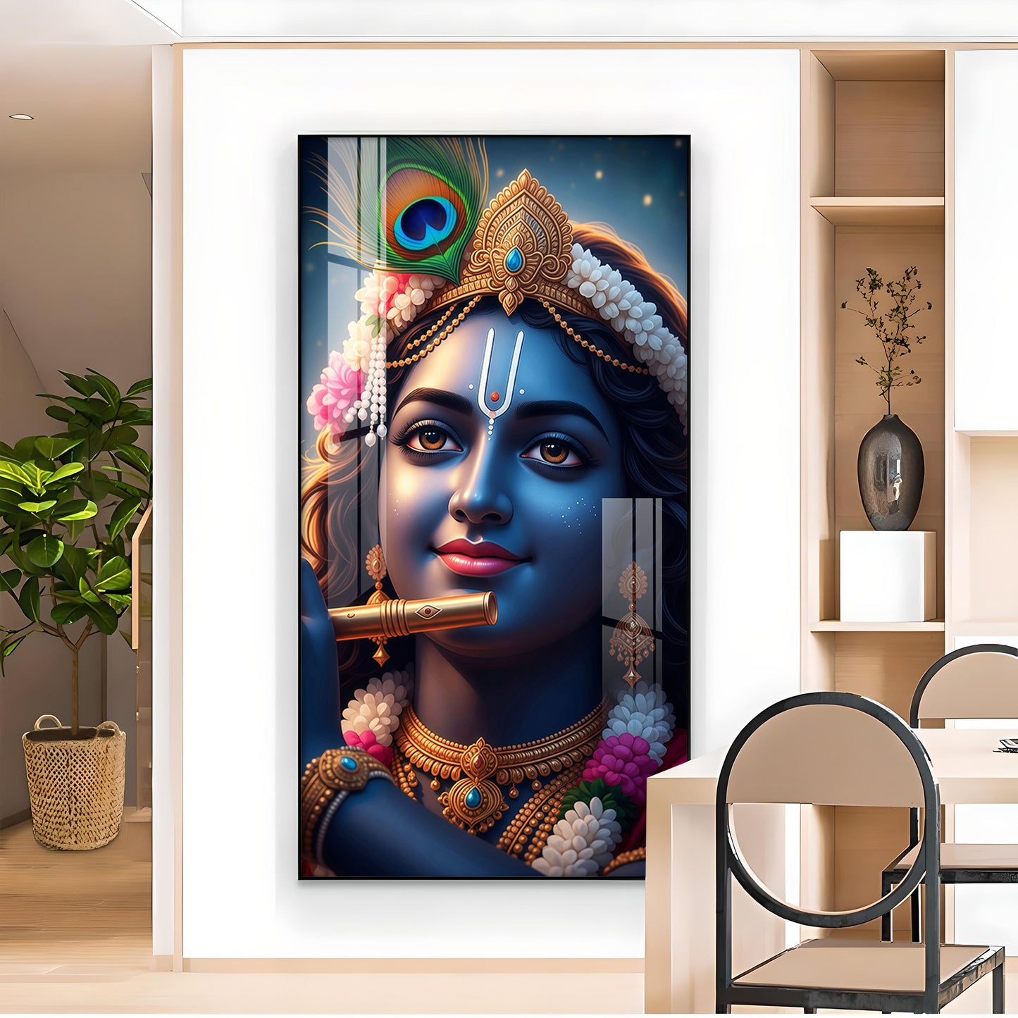Krishna Flute Glass Finish Vertical Wall Art