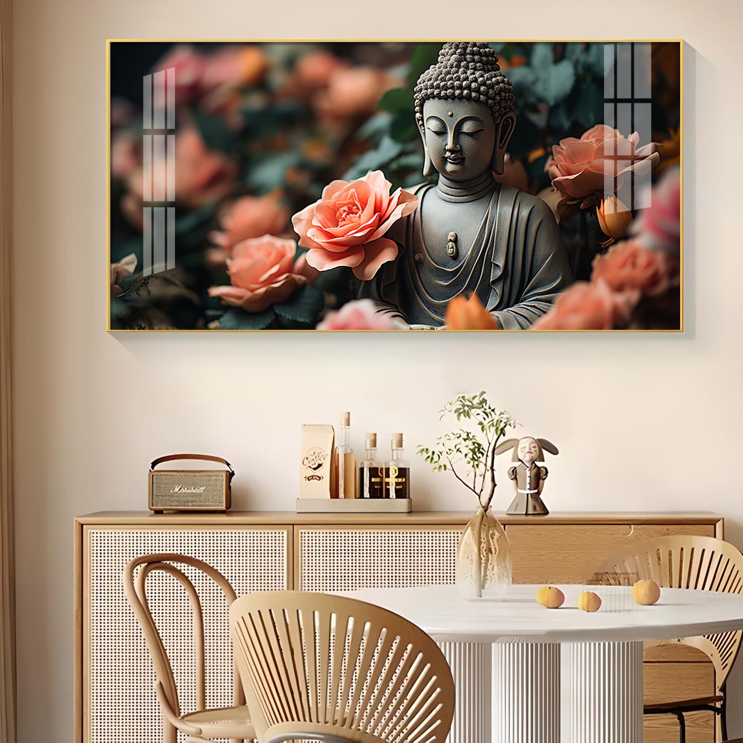 Calm Buddha With Flower Glass Finish Horizontal Wall Art