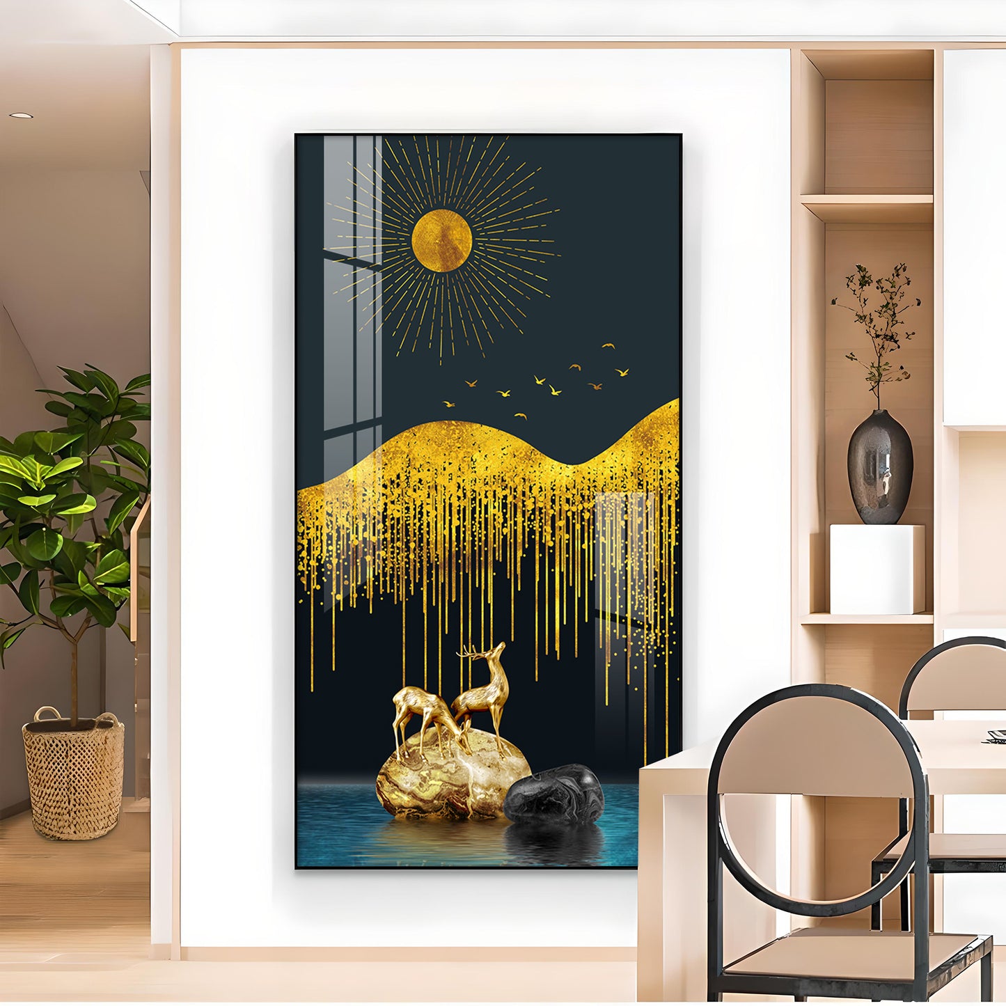 Golden Deer Essence Glass Finish Vertical Wall Art