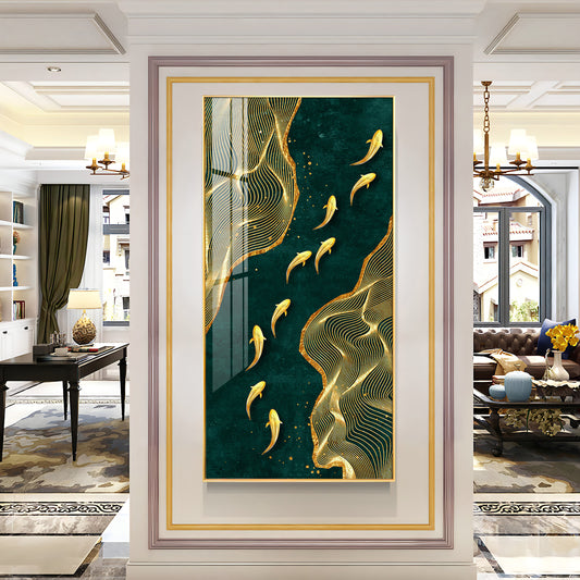 Oceanic Gold Fish Glass Finish Vertical Wall Art