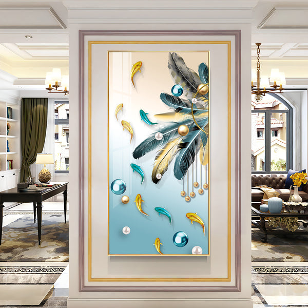 Majestic Blue-Gold Bird Glass Finish Vertical Wall Art