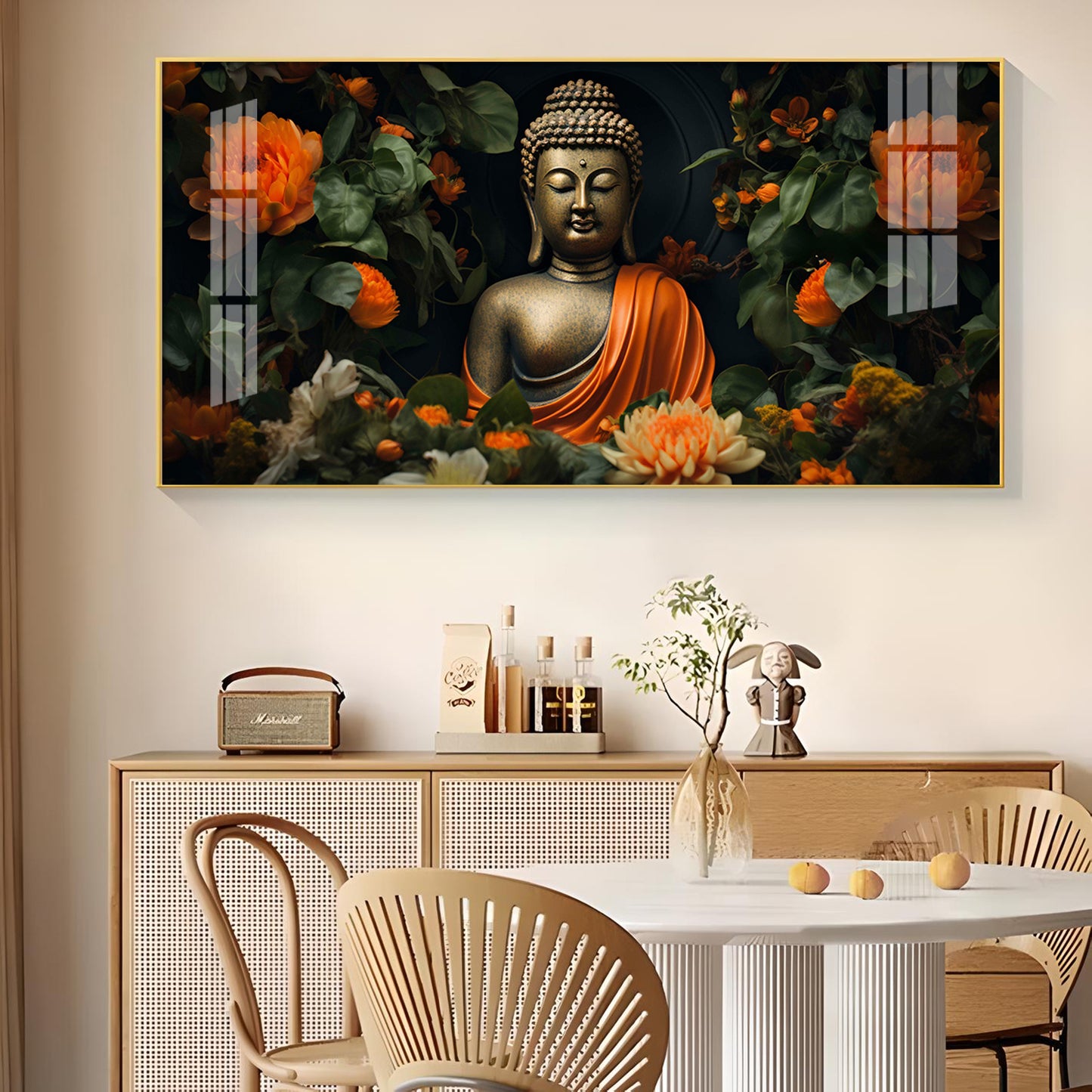 Luminous Buddha With Flower Glass Finish Horizontal Wall Art