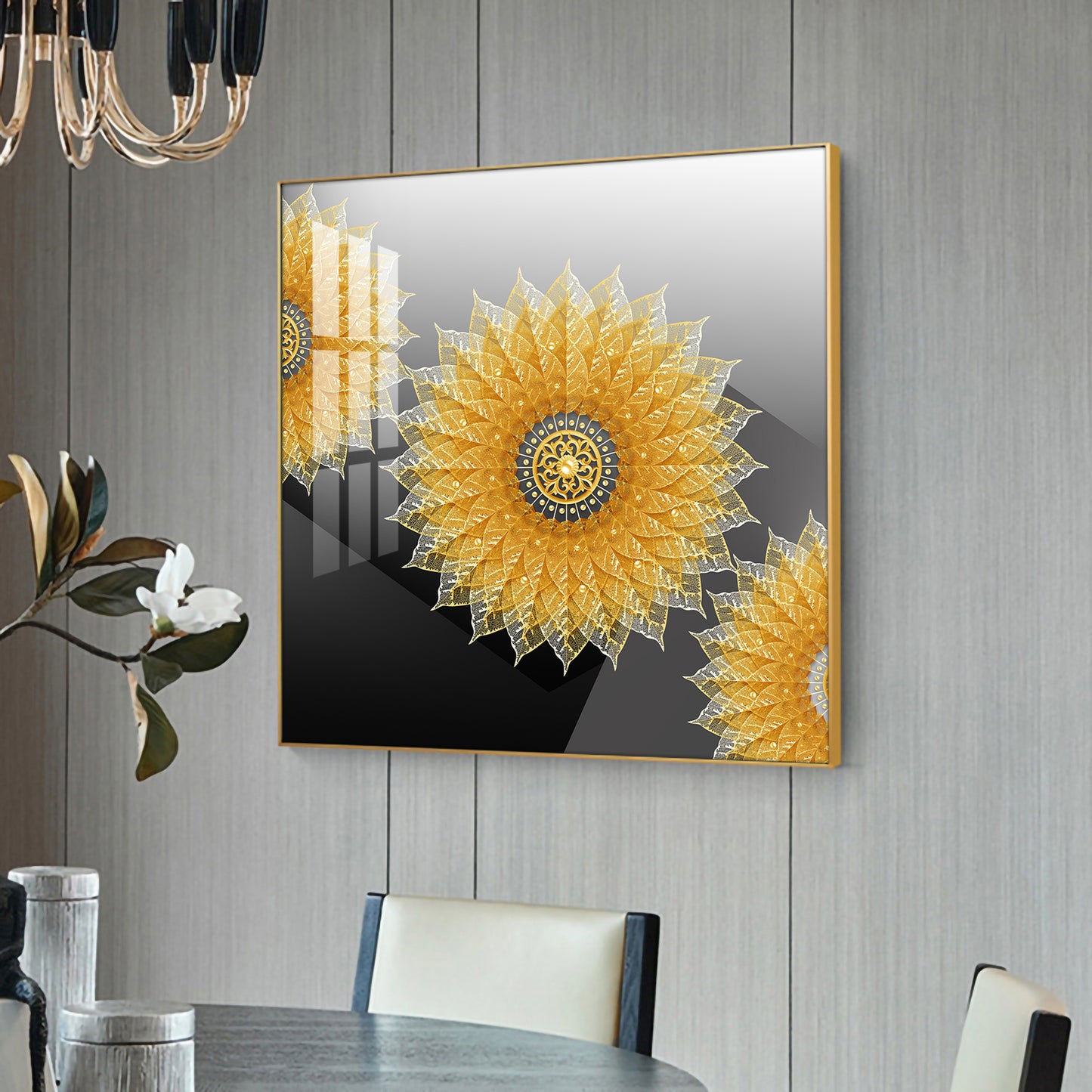 Golden Bloom Glass Finish Square Wall Art