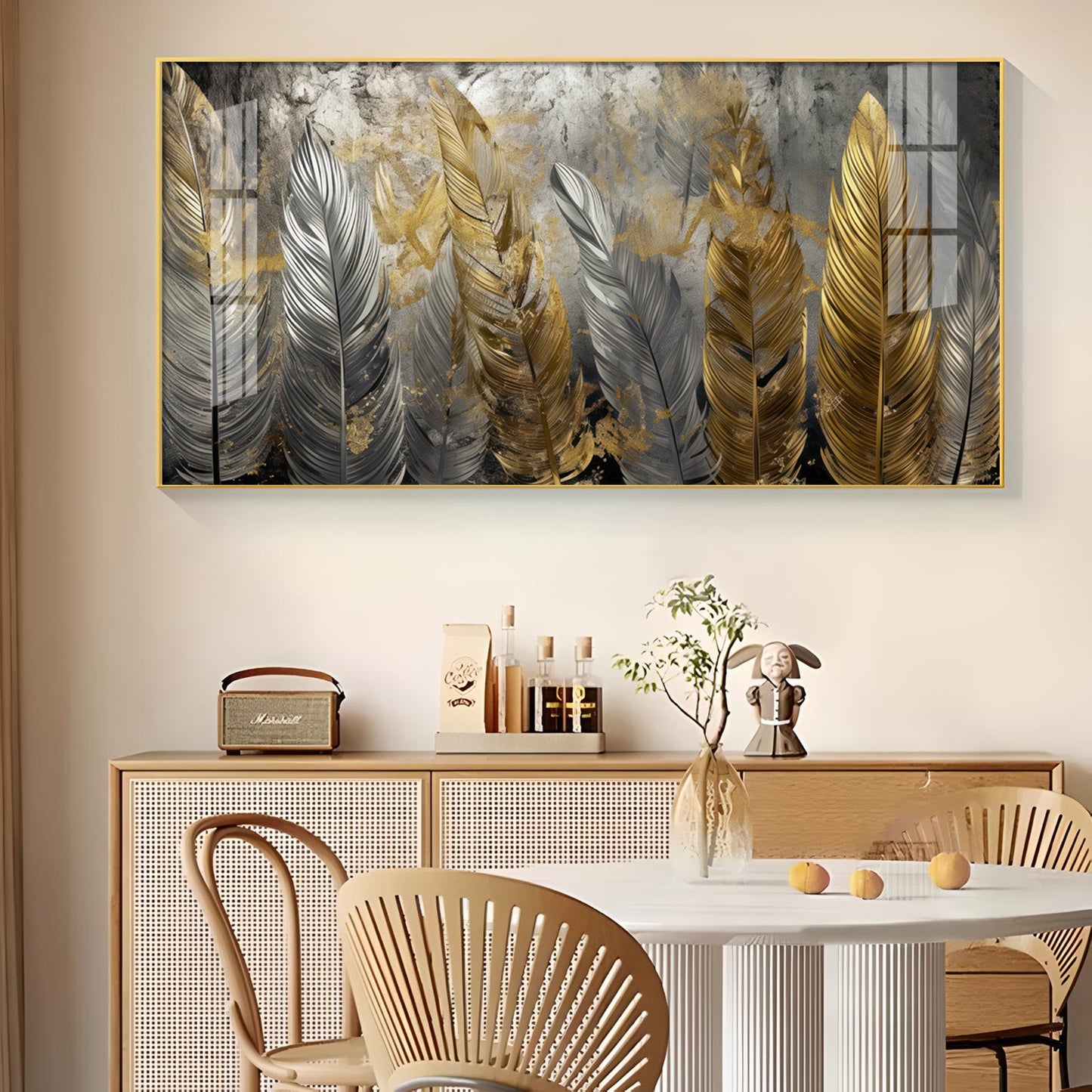 Golden And Silver Feather Glass Finish Horizontal Wall Art