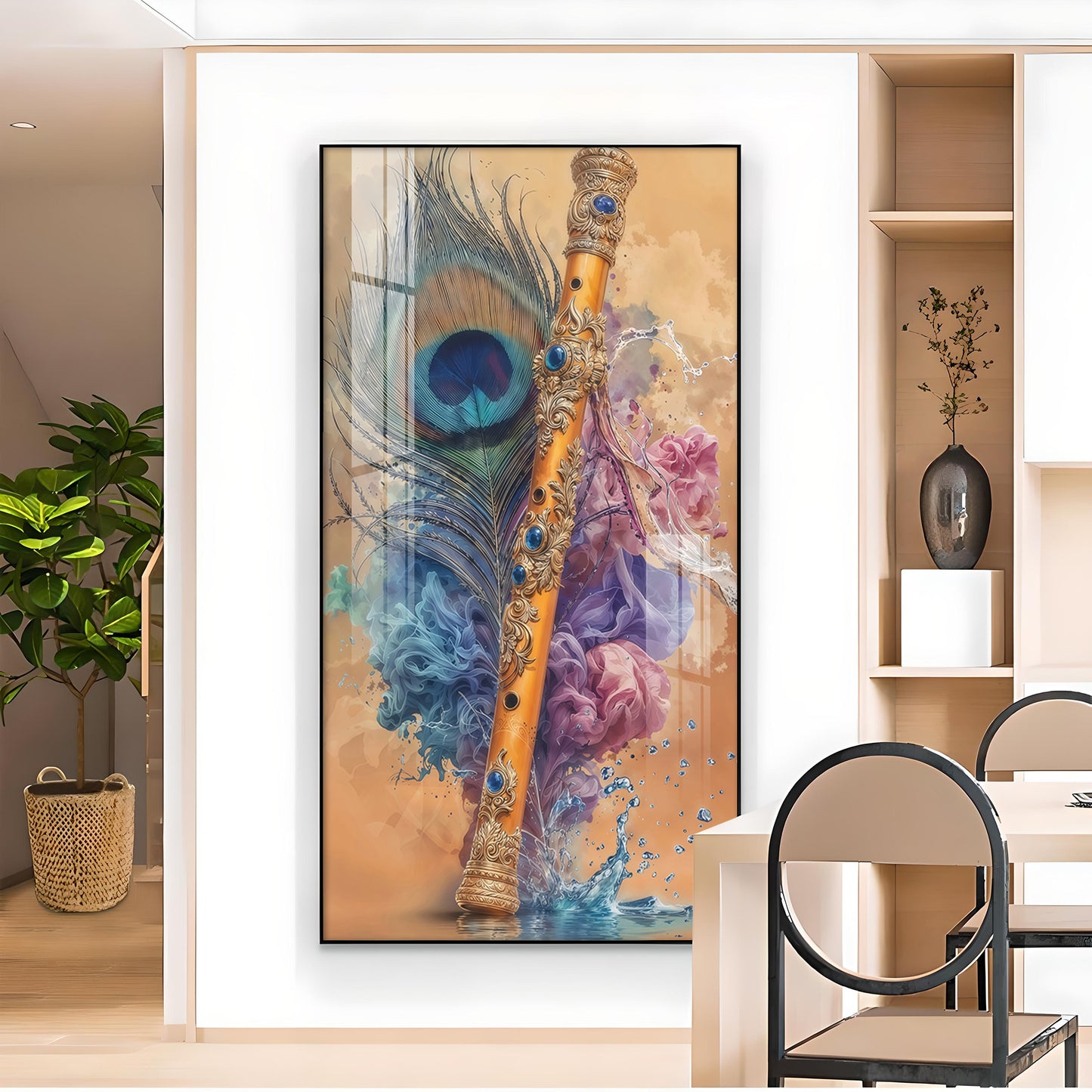 Peacock Feather With Flute Glass Finish Vertical wall Art