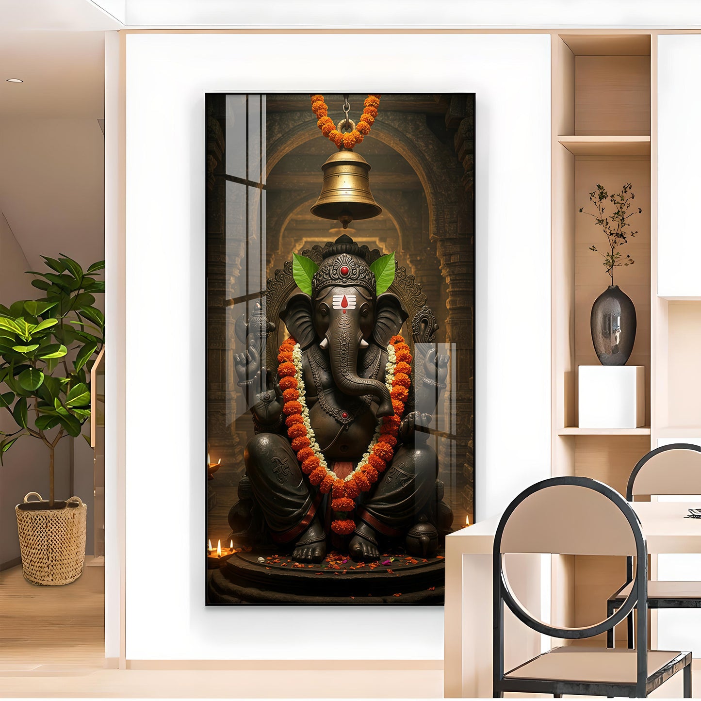 Lord Ganesh Blessing Glass Finish Vertical Wall Art