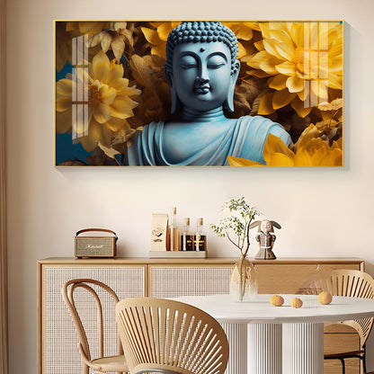 Majestic Buddha With Flower Glass Finish Horizontal Wall Art