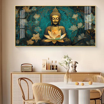 Golden Buddha With Lotus Glass Finish Horizontal Wall Art