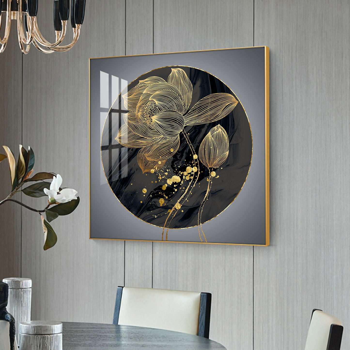 Golden Petal Grandeur Glass Finish Square Wall Art