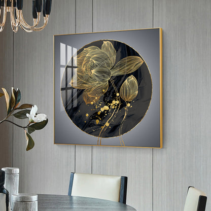 Golden Petal Grandeur Glass Finish Square Wall Art