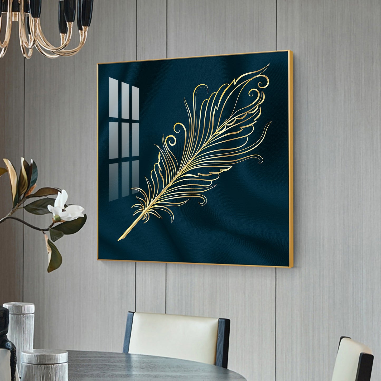 Feather on Azure Glass Finish Square Wall Art