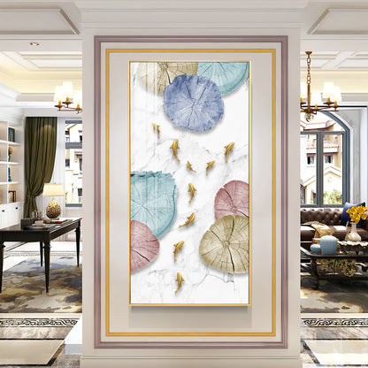 Golden Fish Umbrella Mosaic Glass Finish Vertical Wall Art