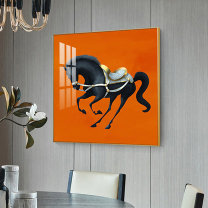 Jumping Horse In Orange Horizon Glass Finish Square Wall Art