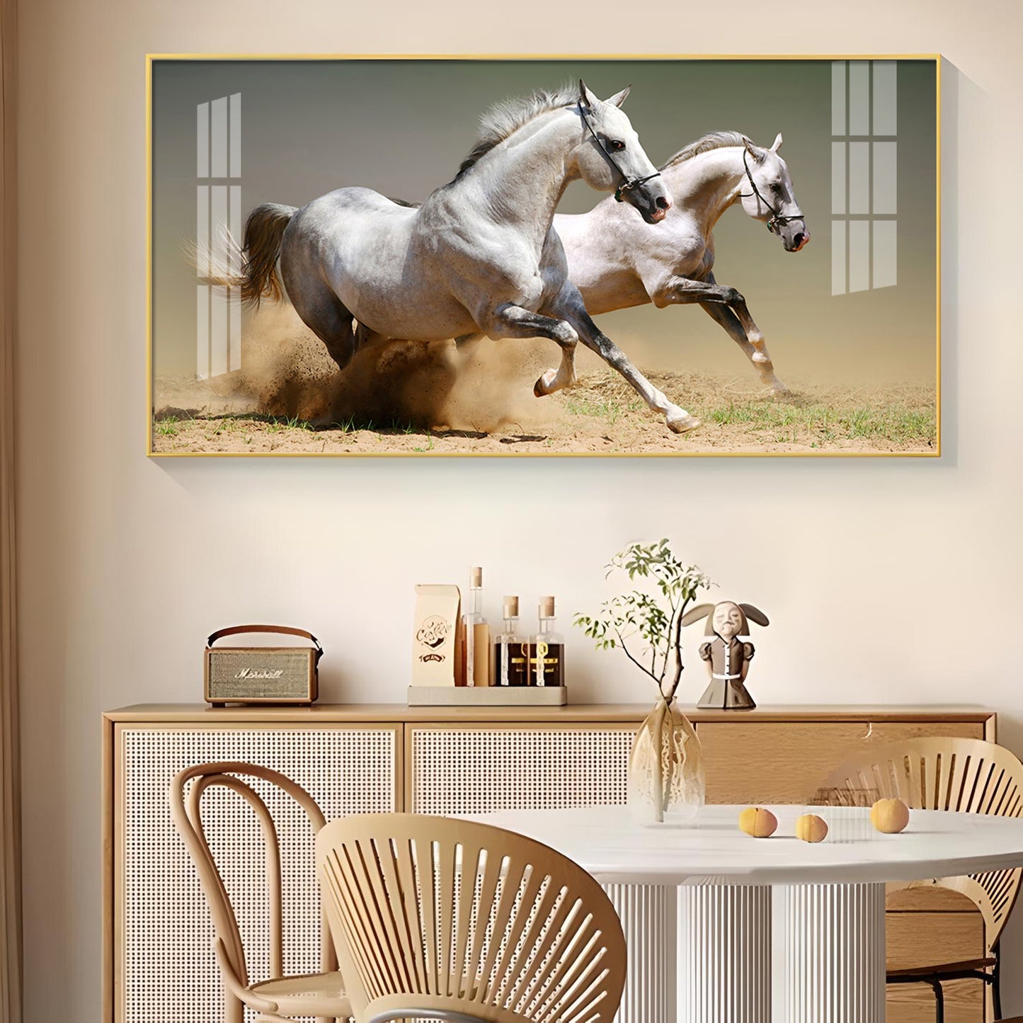 Satin Matt Running Horses Glass Finish Horizontal Wall Art