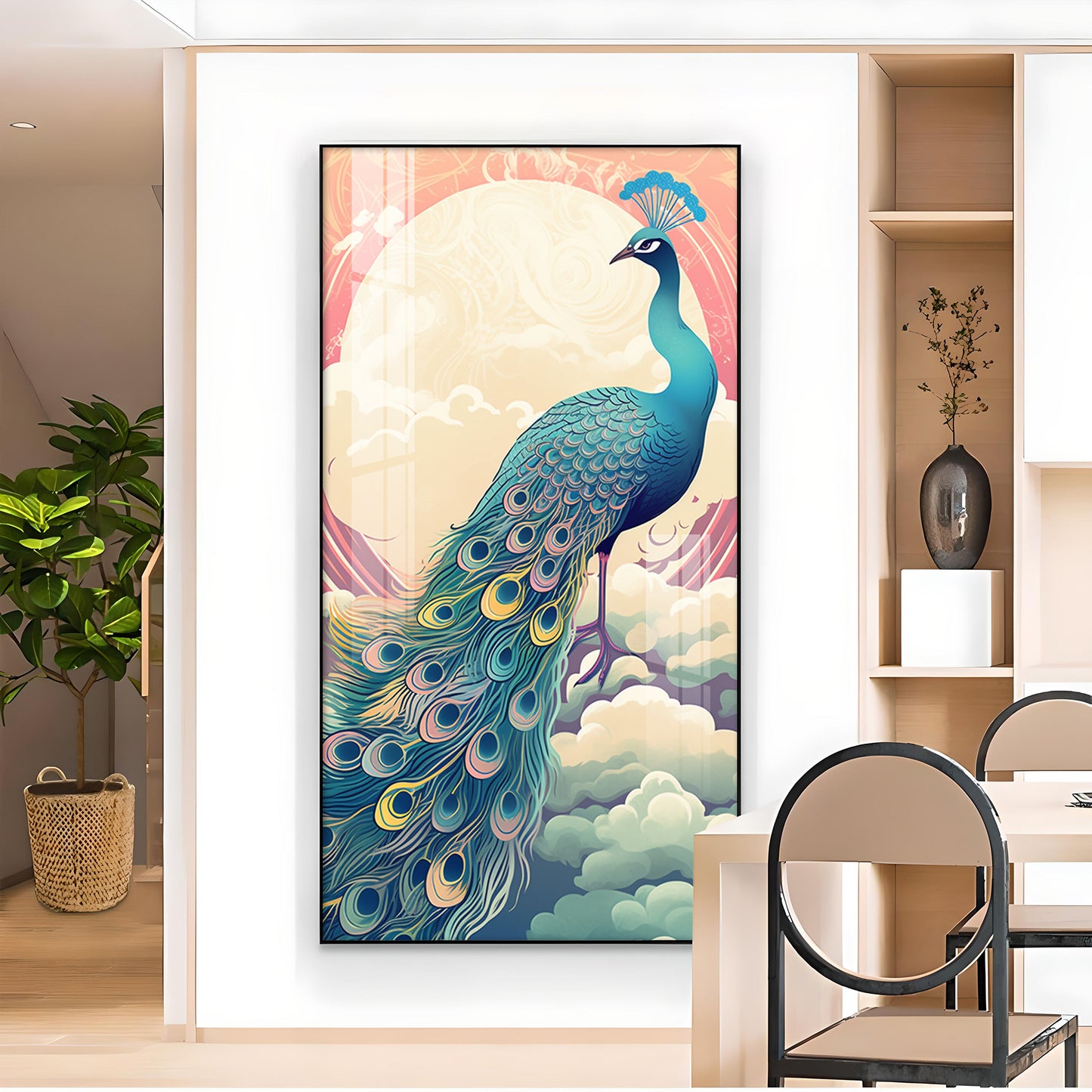 Heavenly Peacock Vista Glass Finish Vertical Wall Art